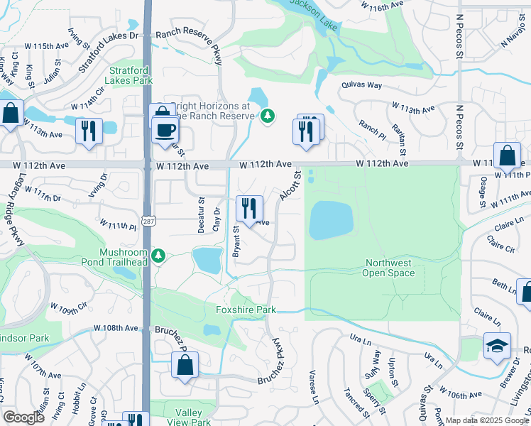 map of restaurants, bars, coffee shops, grocery stores, and more near 2533 West 110th Avenue in Westminster