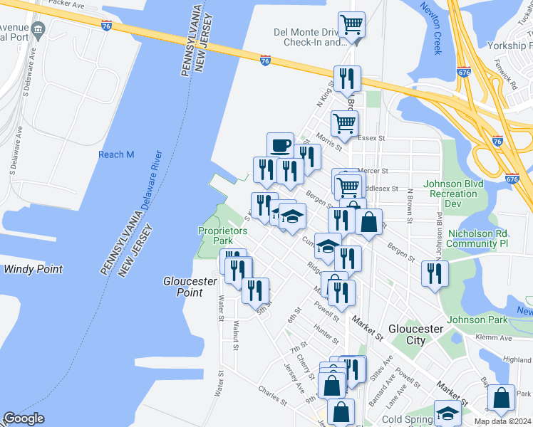 map of restaurants, bars, coffee shops, grocery stores, and more near 208 Ridgeway Street in Gloucester City