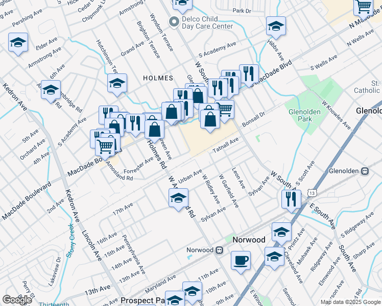 map of restaurants, bars, coffee shops, grocery stores, and more near 406 West Ridley Avenue in Norwood