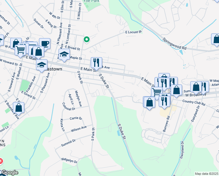 map of restaurants, bars, coffee shops, grocery stores, and more near 142 South Duke Street in Dallastown