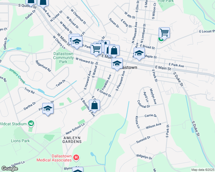 map of restaurants, bars, coffee shops, grocery stores, and more near 223 South Charles Street in Dallastown
