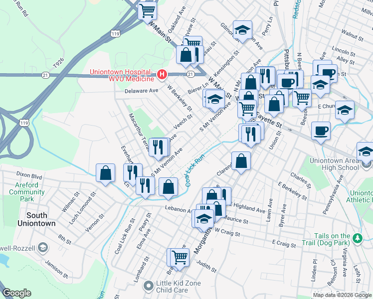 map of restaurants, bars, coffee shops, grocery stores, and more near 72 Railroad Street in Uniontown