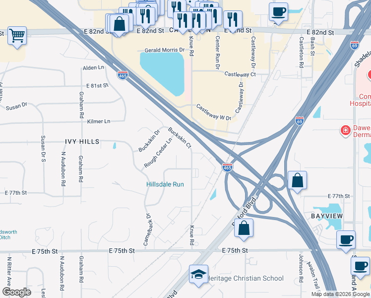 map of restaurants, bars, coffee shops, grocery stores, and more near 7861 Redcoach Circle in Indianapolis