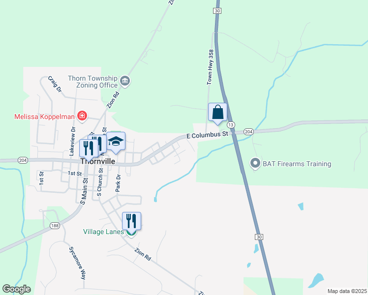 map of restaurants, bars, coffee shops, grocery stores, and more near 220 Longview Drive in Thornville