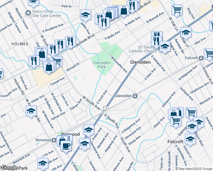 map of restaurants, bars, coffee shops, grocery stores, and more near 338 South Scott Avenue in Glenolden