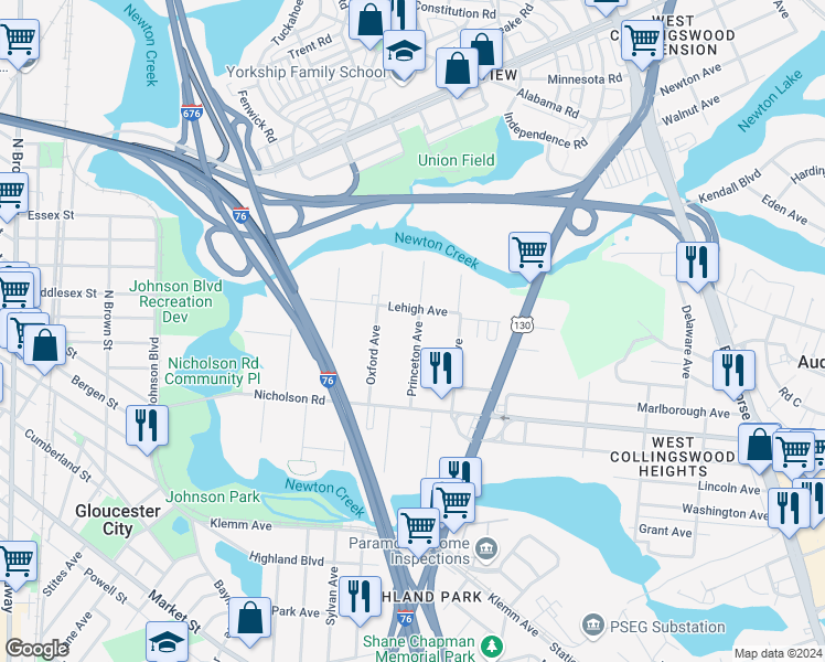 map of restaurants, bars, coffee shops, grocery stores, and more near 64 Princeton Avenue in Gloucester City