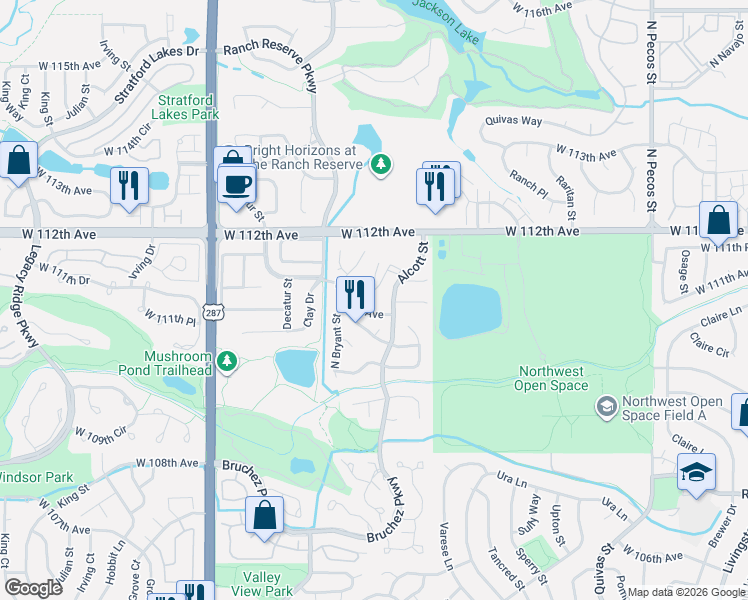 map of restaurants, bars, coffee shops, grocery stores, and more near 2533 West 110th Avenue in Westminster