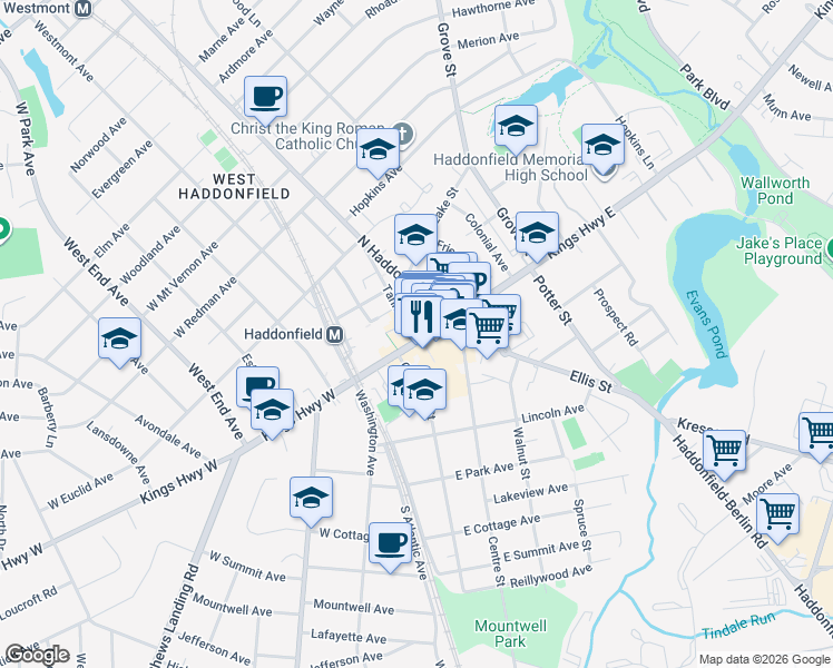 map of restaurants, bars, coffee shops, grocery stores, and more near 124 Kings Highway East in Haddonfield