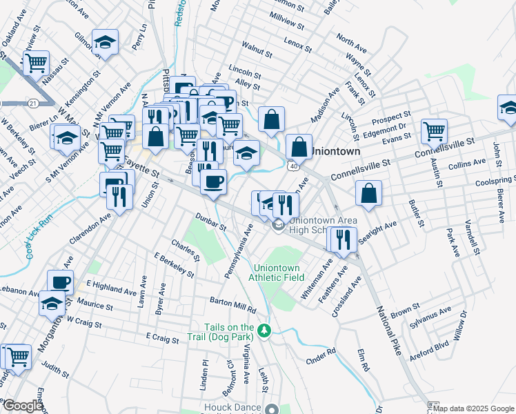 map of restaurants, bars, coffee shops, grocery stores, and more near Pennsylvania Ave in Uniontown