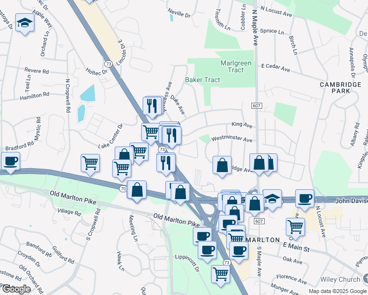 map of restaurants, bars, coffee shops, grocery stores, and more near 10 Baker Boulevard in Evesham Township