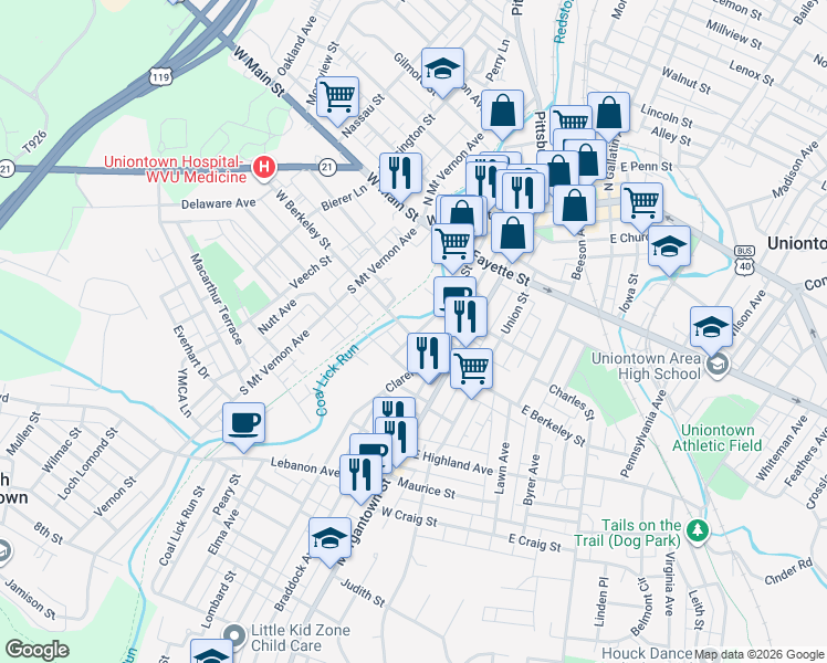 map of restaurants, bars, coffee shops, grocery stores, and more near 144 Mill Street in Uniontown