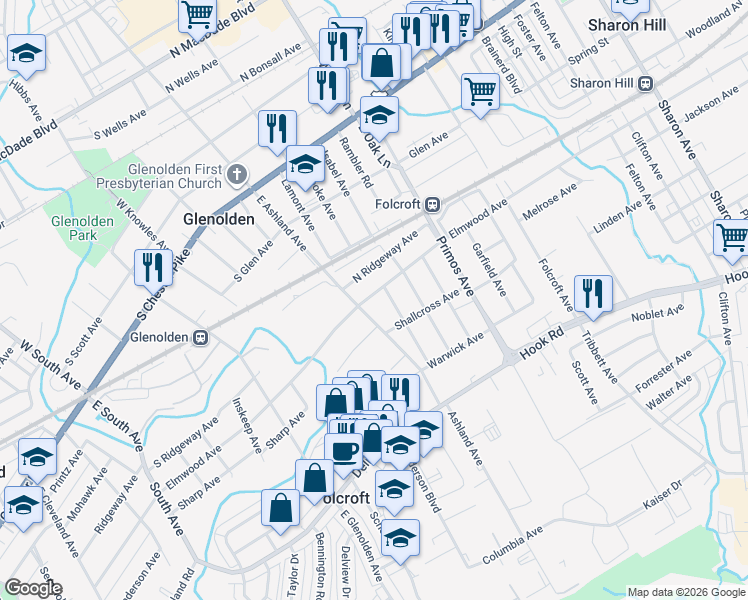 map of restaurants, bars, coffee shops, grocery stores, and more near 425 Ashland Avenue in Folcroft