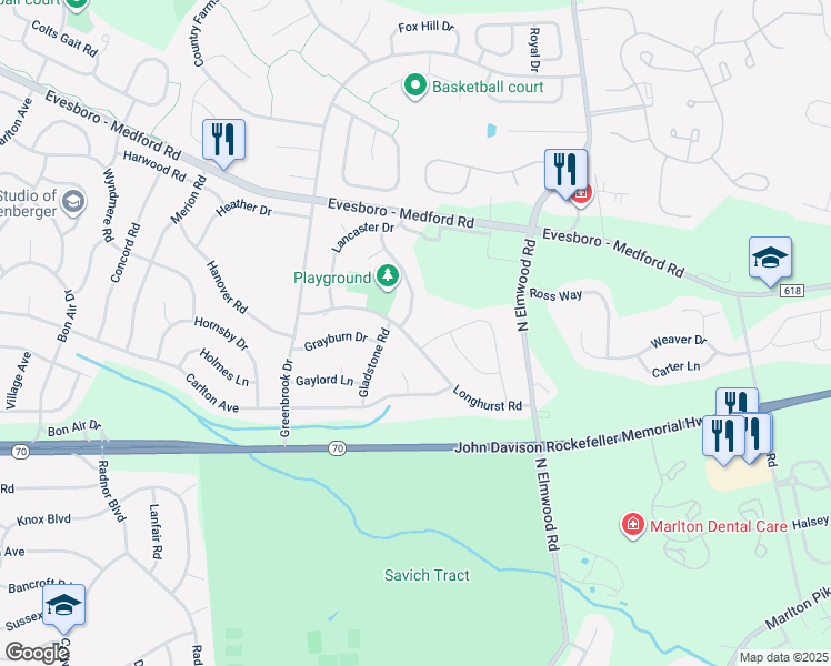 map of restaurants, bars, coffee shops, grocery stores, and more near 29 Longhurst Road in Evesham
