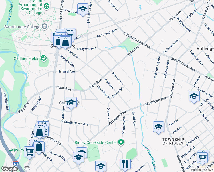 map of restaurants, bars, coffee shops, grocery stores, and more near 318 Park Avenue in Swarthmore
