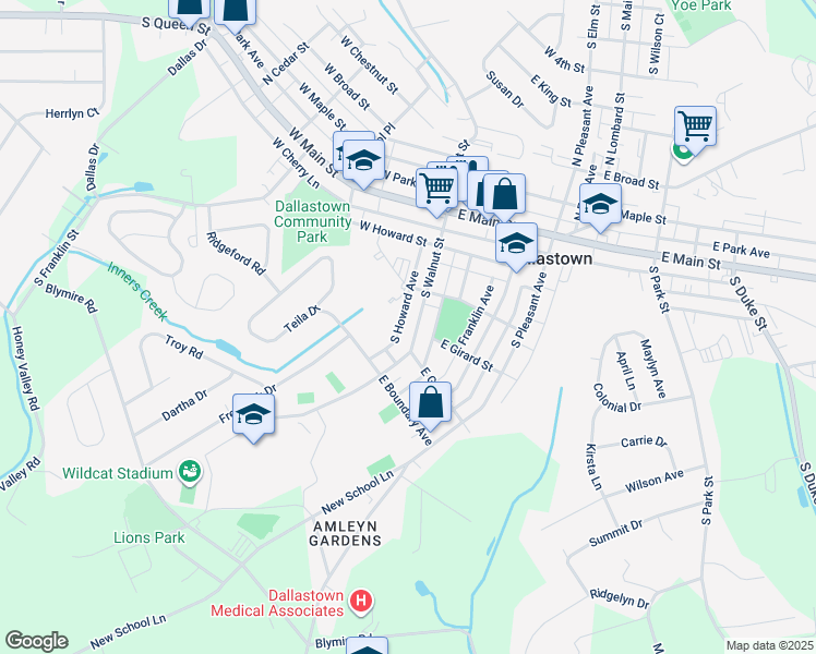 map of restaurants, bars, coffee shops, grocery stores, and more near 258 South Walnut Street in Dallastown