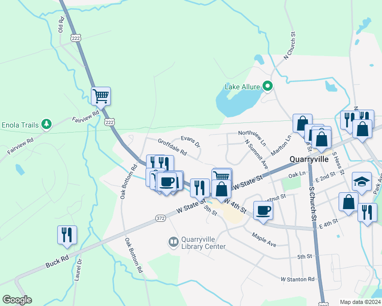 map of restaurants, bars, coffee shops, grocery stores, and more near 415 Groffdale Road in Quarryville