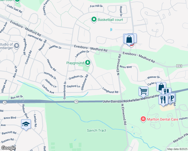map of restaurants, bars, coffee shops, grocery stores, and more near 29 Longhurst Road in Evesham