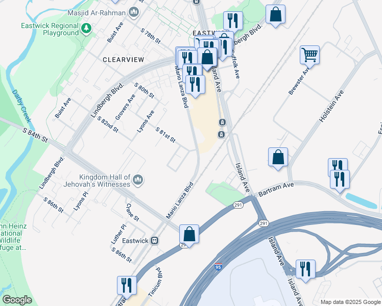 map of restaurants, bars, coffee shops, grocery stores, and more near 8100 Harley Avenue in Philadelphia