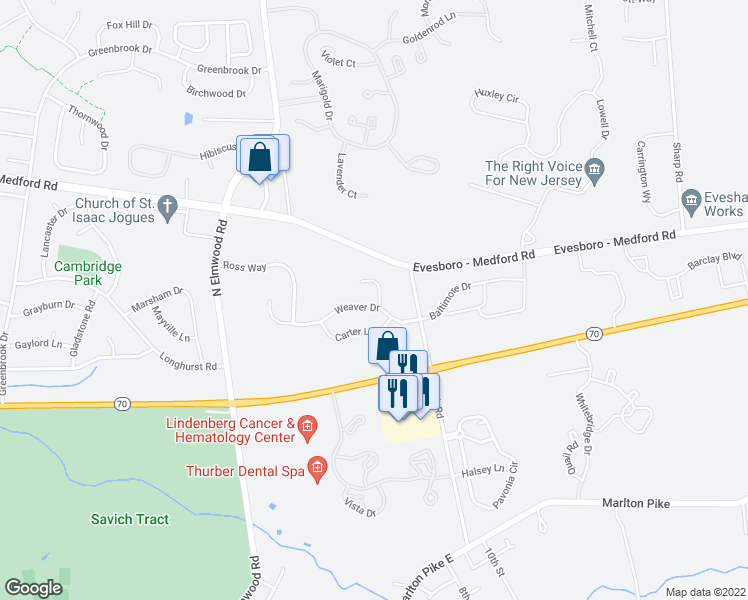 map of restaurants, bars, coffee shops, grocery stores, and more near 24 Weaver Drive in Evesham