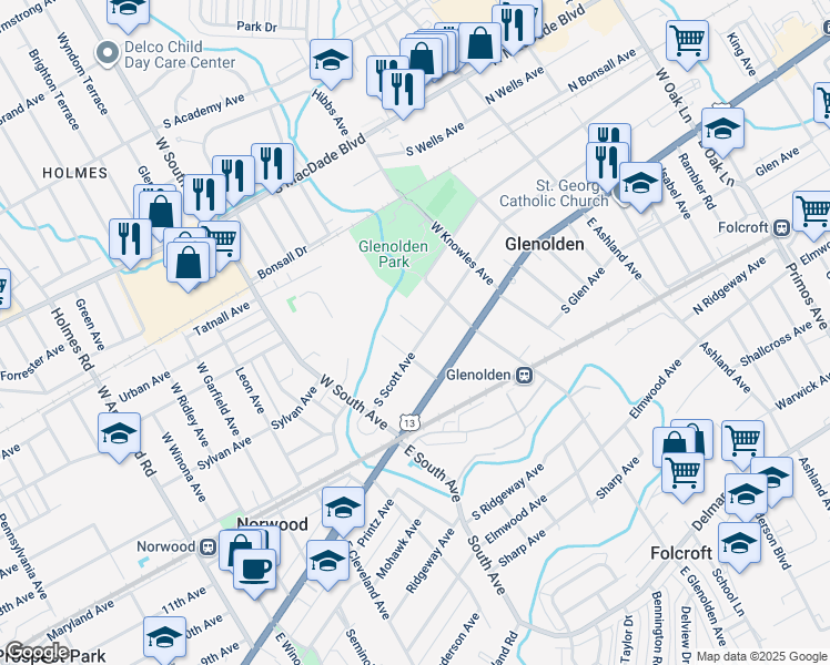 map of restaurants, bars, coffee shops, grocery stores, and more near 336 South Scott Avenue in Glenolden