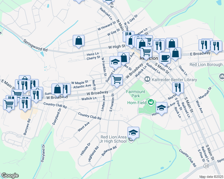 map of restaurants, bars, coffee shops, grocery stores, and more near 402 West Broadway in Red Lion