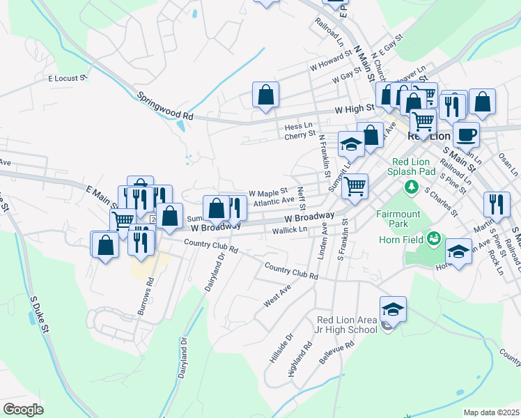 map of restaurants, bars, coffee shops, grocery stores, and more near 659 West Broadway in Red Lion