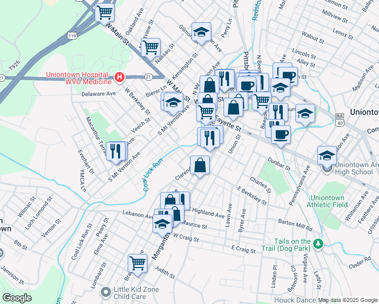 map of restaurants, bars, coffee shops, grocery stores, and more near 98 W Berkeley St in Uniontown