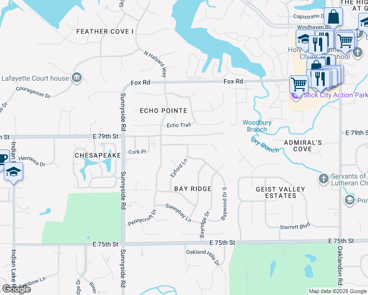 map of restaurants, bars, coffee shops, grocery stores, and more near 7820 Eyford Lane in Indianapolis