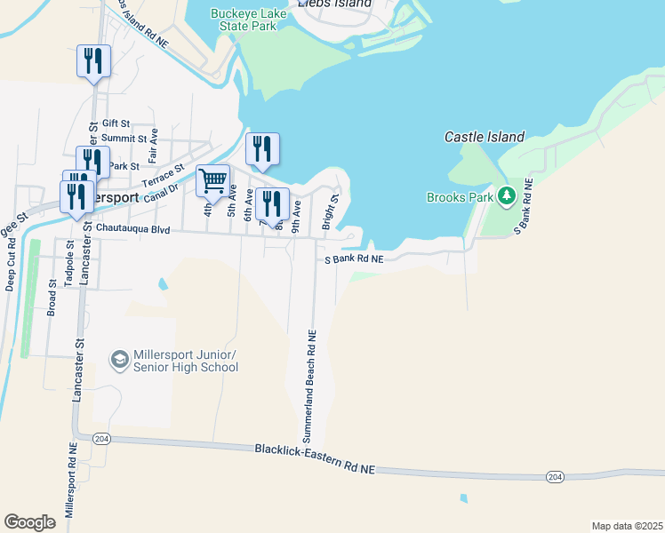 map of restaurants, bars, coffee shops, grocery stores, and more near 11943 East Street in Millersport