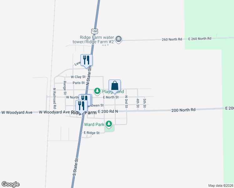 map of restaurants, bars, coffee shops, grocery stores, and more near 146-198 East North Street in Ridge Farm