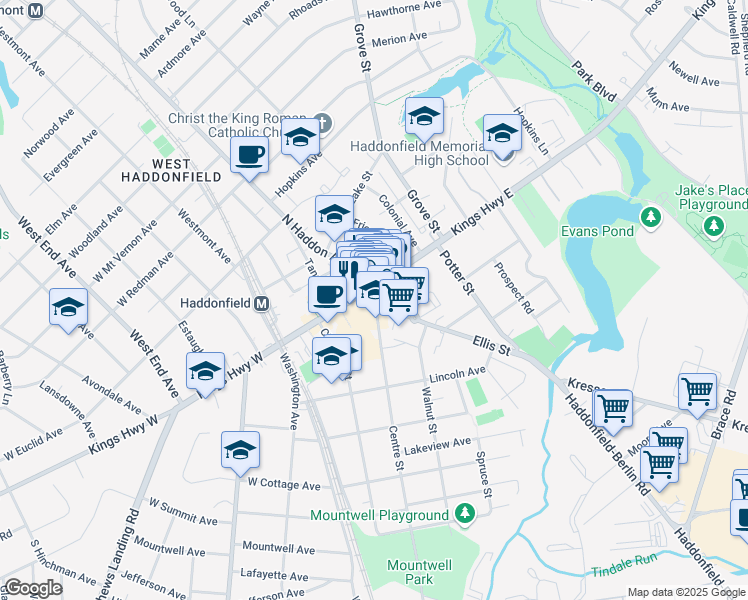 map of restaurants, bars, coffee shops, grocery stores, and more near 200 Kings Highway East in Haddonfield