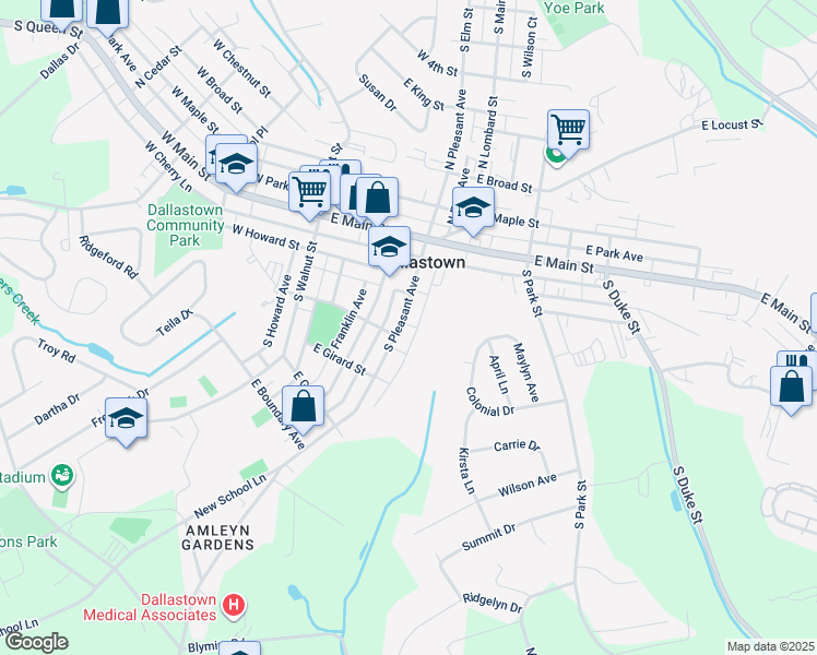 map of restaurants, bars, coffee shops, grocery stores, and more near 201 South Pleasant Avenue in Dallastown