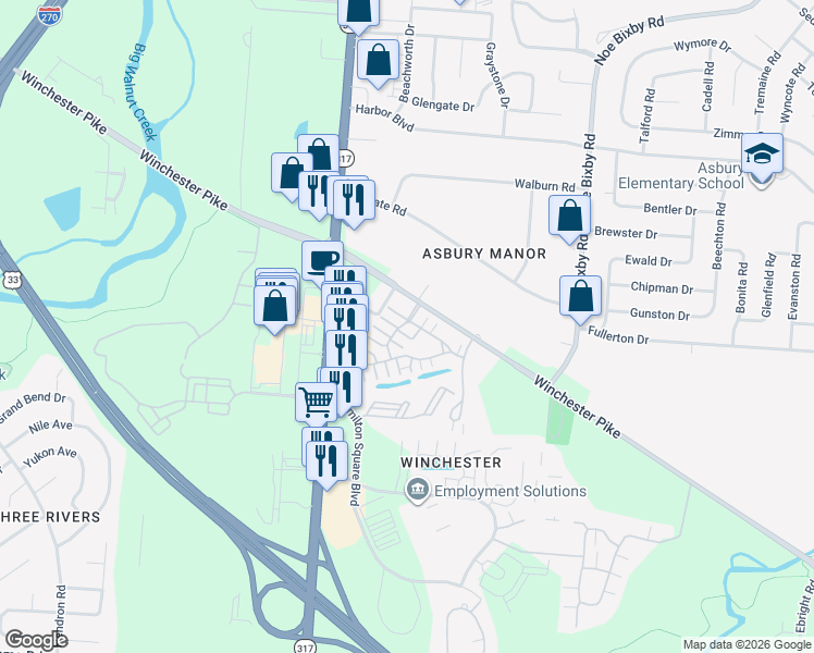map of restaurants, bars, coffee shops, grocery stores, and more near 3820 Battersea Drive in Groveport