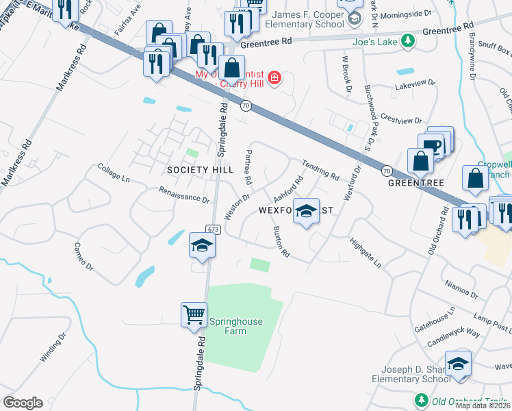 map of restaurants, bars, coffee shops, grocery stores, and more near 132 Ashford Road in Cherry Hill