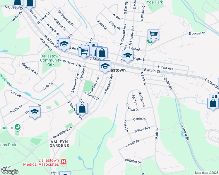 map of restaurants, bars, coffee shops, grocery stores, and more near 201 South Pleasant Avenue in Dallastown