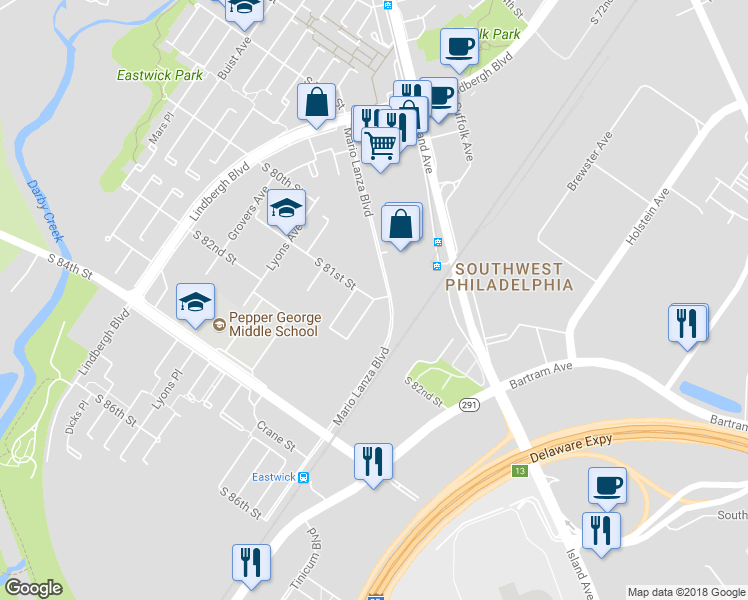 map of restaurants, bars, coffee shops, grocery stores, and more near 8100 Harley Avenue in Philadelphia