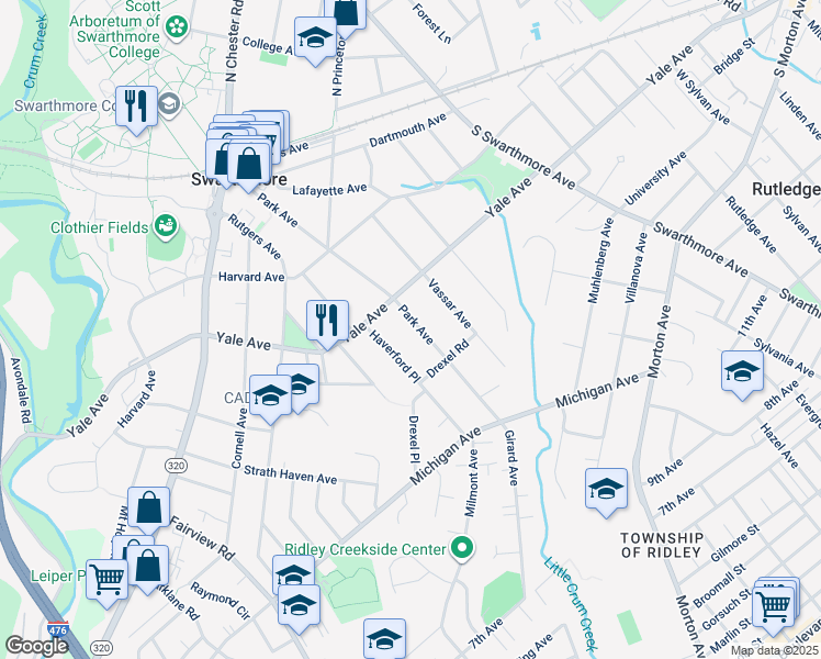 map of restaurants, bars, coffee shops, grocery stores, and more near 318 Park Avenue in Swarthmore