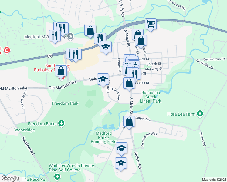 map of restaurants, bars, coffee shops, grocery stores, and more near 6 Haines Avenue in Medford