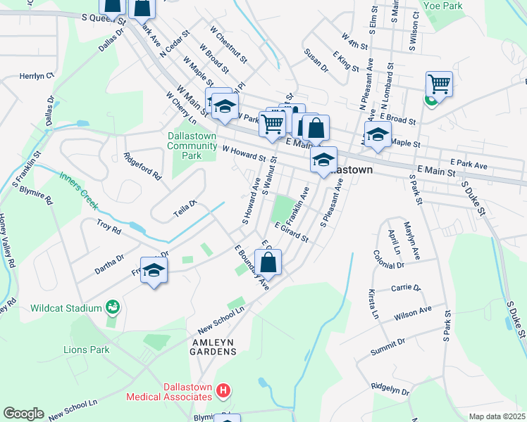 map of restaurants, bars, coffee shops, grocery stores, and more near 249 South Walnut Street in Dallastown