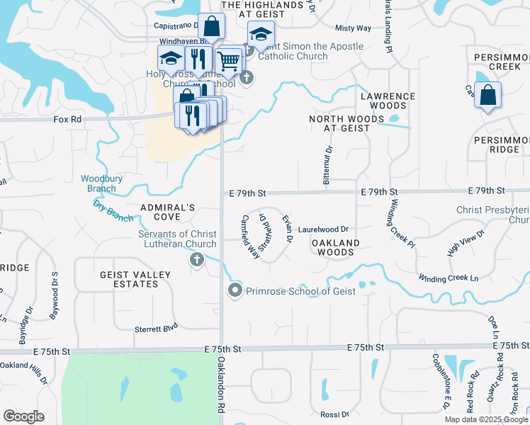 map of restaurants, bars, coffee shops, grocery stores, and more near 7843 Stratfield Drive in Indianapolis