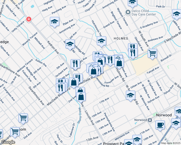 map of restaurants, bars, coffee shops, grocery stores, and more near 2043 Spruce Street in Holmes