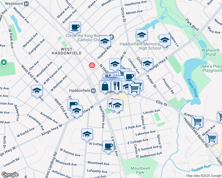 map of restaurants, bars, coffee shops, grocery stores, and more near 37e Lantern Lane in Haddonfield