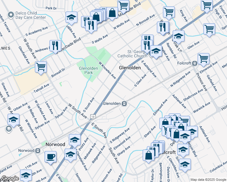 map of restaurants, bars, coffee shops, grocery stores, and more near 305 Chester Pike in Glenolden