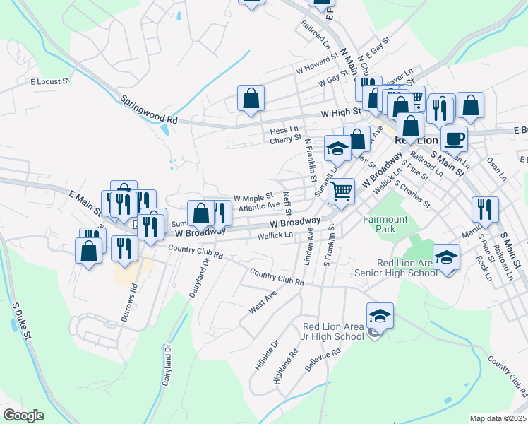 map of restaurants, bars, coffee shops, grocery stores, and more near 659 West Broadway in Red Lion