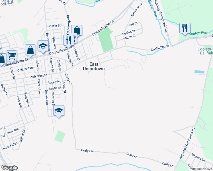 map of restaurants, bars, coffee shops, grocery stores, and more near 999 Woodview Terrace in Uniontown