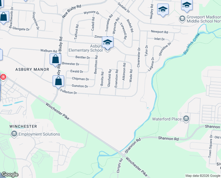map of restaurants, bars, coffee shops, grocery stores, and more near 5270 Fullerton Drive in Columbus