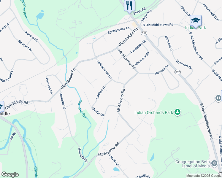 map of restaurants, bars, coffee shops, grocery stores, and more near 1 Briarwood Lane in Media