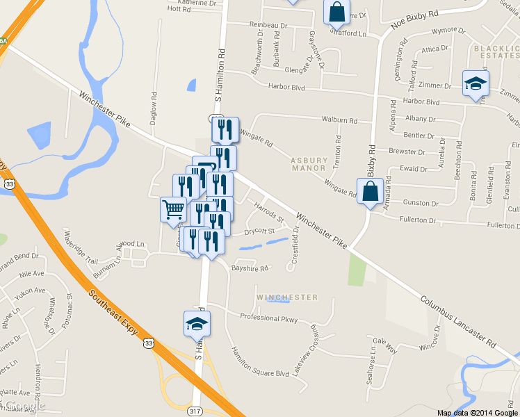 map of restaurants, bars, coffee shops, grocery stores, and more near 3824 Battersea Drive in Groveport