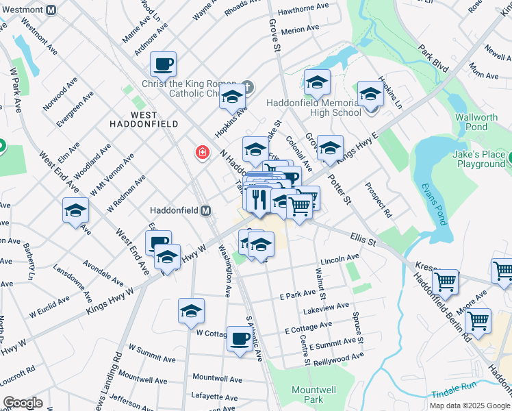 map of restaurants, bars, coffee shops, grocery stores, and more near 124 Kings Highway East in Haddonfield