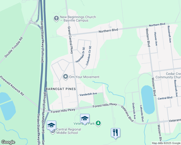 map of restaurants, bars, coffee shops, grocery stores, and more near 500 Woodhaven Boulevard Southeast in Berkeley Township